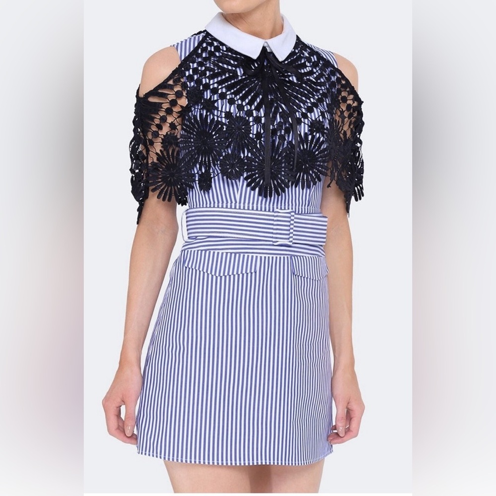 Self-Portrait Blue and White Striped Mini Dress with Black Crochet Overlay